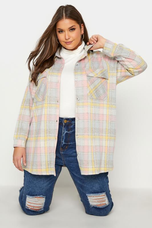 Plus Size  Grey & Pink Checked Shacket