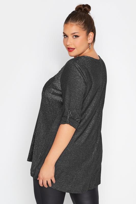 Plus Size Black Glitter Half Zip Top | Yours Clothing 3