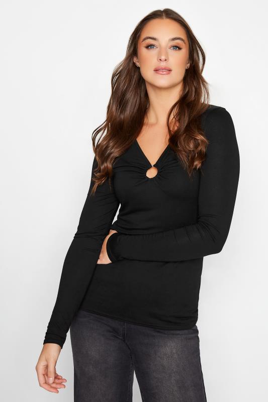 LTS Tall Black Long Sleeve Cut Out Neck Top 1
