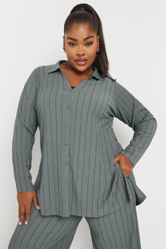  Grande Taille YOURS Curve Grey Textured Pinstripe Shirt