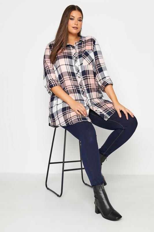 Plus Size Pink & Navy Check Boyfriend Shirt | Yours Clothing  2