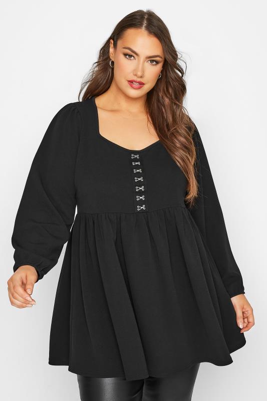 LIMITED COLLECTION Plus Size Black Hook & Eye Peplum Top | Yours Clothing 1