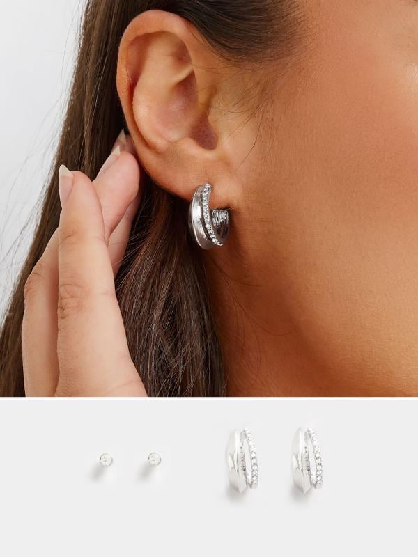 2 PACK Silver Diamante Hoop Earrings | Yours Clothing 1