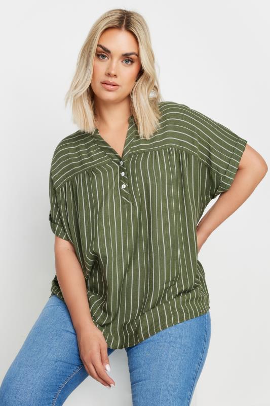 YOURS Plus Size Khaki Green Stripe Notch Neck Blouse | Yours Clothing 1
