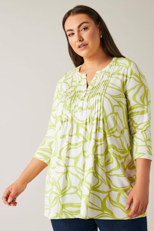 EVANS Plus Size Chartreuse Green Abstract Print Pintuck Blouse | Evans 1