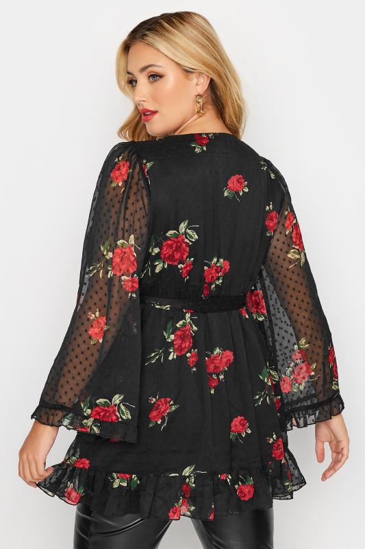 YOURS LONDON Plus Size Black Rose Print Dobby Ruffle Wrap Top | Yours Clothing 3
