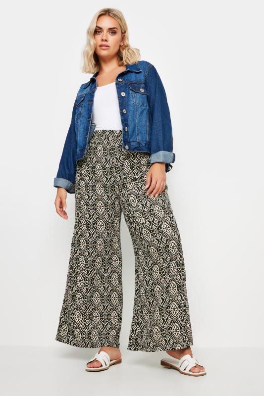 YOURS Plus Size Black Tile Print Textured Wide Leg Trousers | Yours Clothing 1