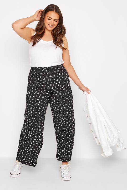 Plus Size Black Ditsy Floral Wide Leg Trousers | Yours Clothing 2