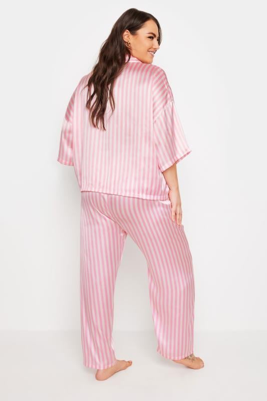 YOURS Plus Size Pink Stripe Satin Pyjama Set | Yours Clothing 4