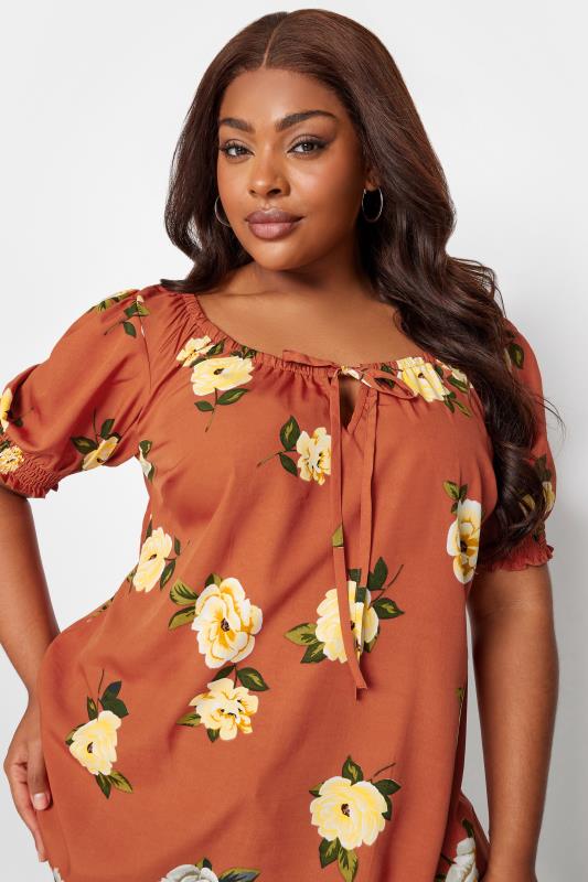 YOURS Plus Size Rust Orange Floral Print Puff Sleeve Gypsy Top | Yours Clothing 4
