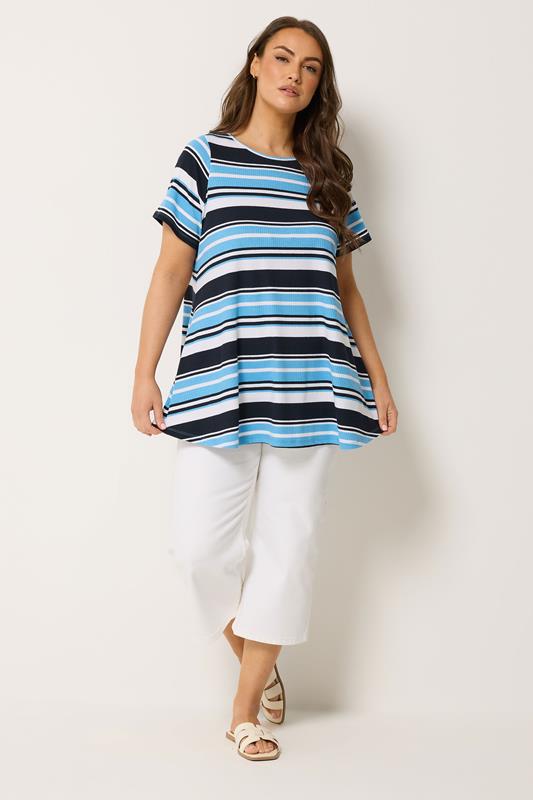 Yours Plus Size Blue Ribbed Stripe Swing T-Shirt | Yours Clothing 1