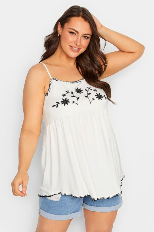 YOURS Curve Plus Size White Embroidered Flower Swing Vest Top | Yours Clothing  1