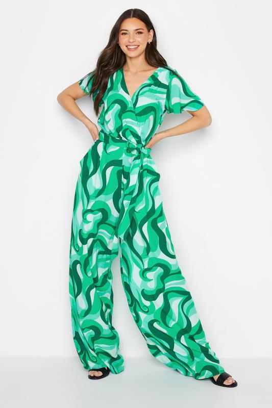 LTS Tall Bright Green Swirl Print Wrap Jumpsuit 1