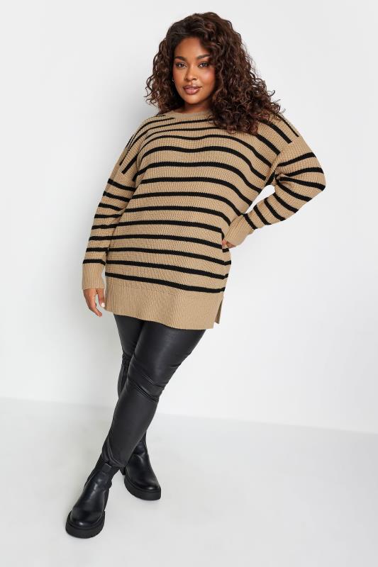 YOURS Plus Size Beige Brown Stripe Drop Shoulder Knitted Jumper | Yours Clothing 3