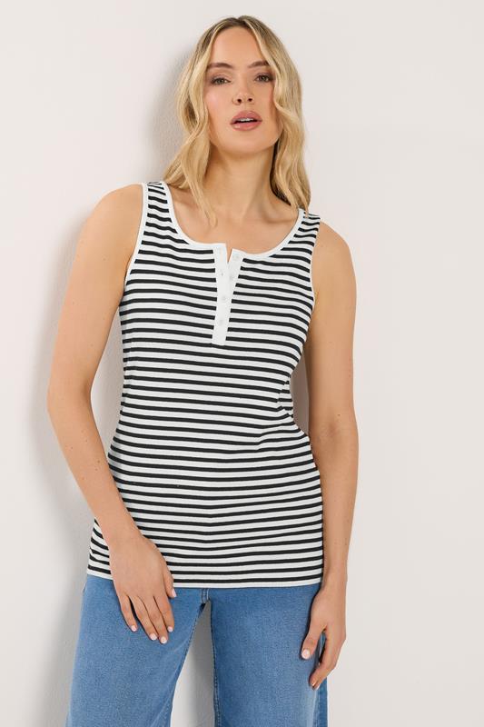 LTS Tall Women's Black & White Stripe Ribbed Placket Vest | Long Tall Sally 1