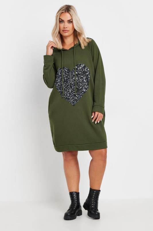 YOURS Plus Size Khaki Green Sequin Embellished Heart Hoodie Dress | Yours Clothing  1