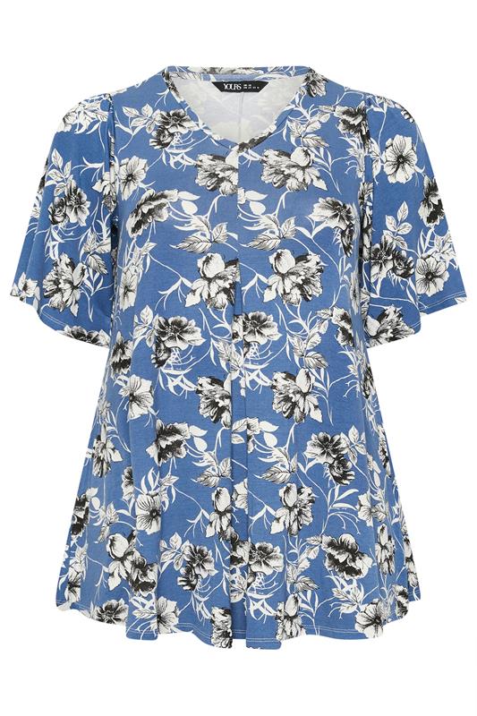 YOURS Plus Size Blue Floral Pleat Front Short Sleeve Top | Yours Clothing 5