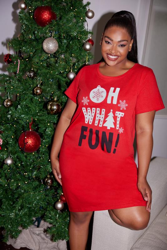 Plus Size  YOURS Curve Red 'Oh What Fun' Slogan Christmas Nightdress