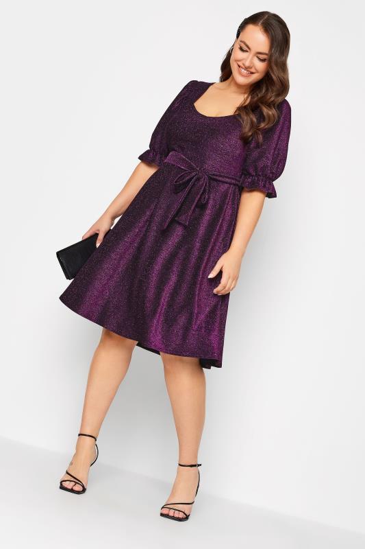 Plus Size  YOURS LONDON Curve Purple Glitter Puff Sleeve Midi Dress