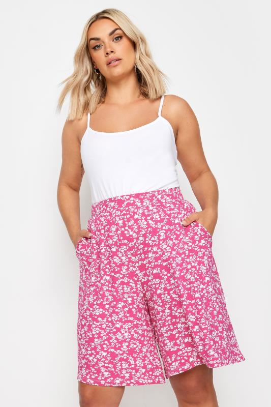  YOURS Curve Pink Ditsy Floral Print Pull On Shorts