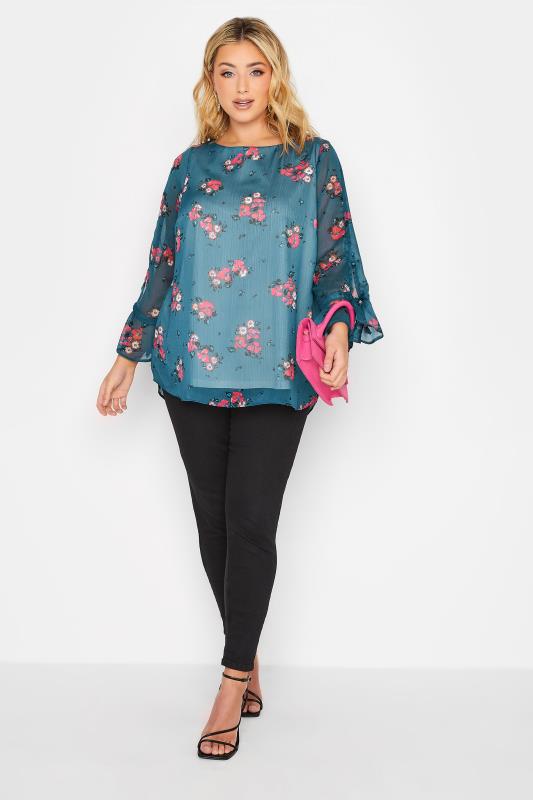 YOURS Plus Size Curve Blue & Pink Floral Bell Sleeve Blouse | Yours Clothing  2