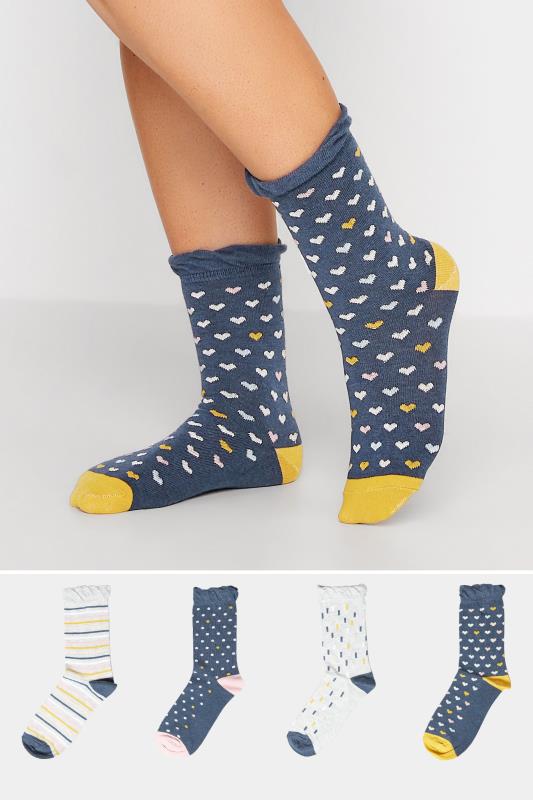 4 PACK Navy Blue Heart Print Ankle Socks | Yours Clothing 1