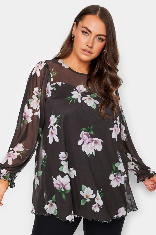 YOURS Curve Black Mesh Floral Swing Top | Yours Clothing 1