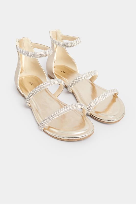 LTS Gold Diamante Strap Flat Sandals In Standard Fit | Long Tall Sally  2