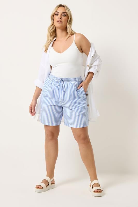 YOURS Plus Size Blue Stripe Shorts | Yours Clothing 1