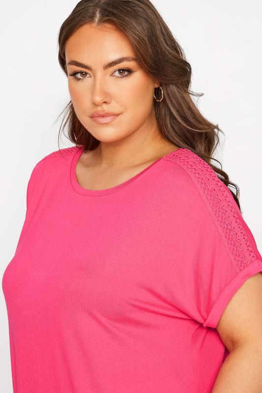 Plus Size Hot Pink Crochet Shoulder T-Shirt | Yours Clothing 4