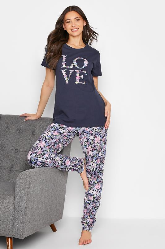 LTS Tall Navy Blue 'Love' Slogan Floral Print Cotton Pyjama Top_B.jpg