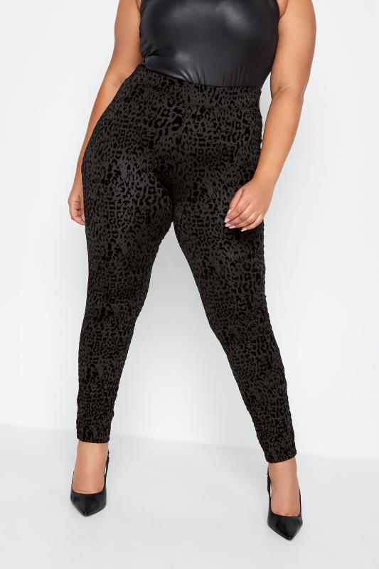 YOURS Plus Size Black Flocked Leopard Print Leggings | Yours Clothing 1