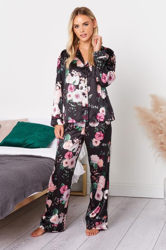 Petite Black Floral Satin Pyjama Set | PixieGirl 2