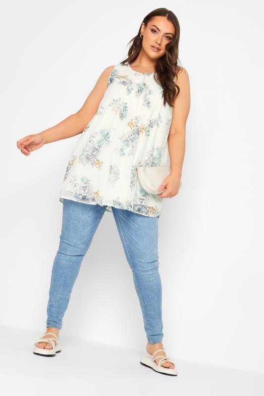 YOURS Plus Size White Floral Pintuck Sleeveless Blouse | Yours Clothing 2