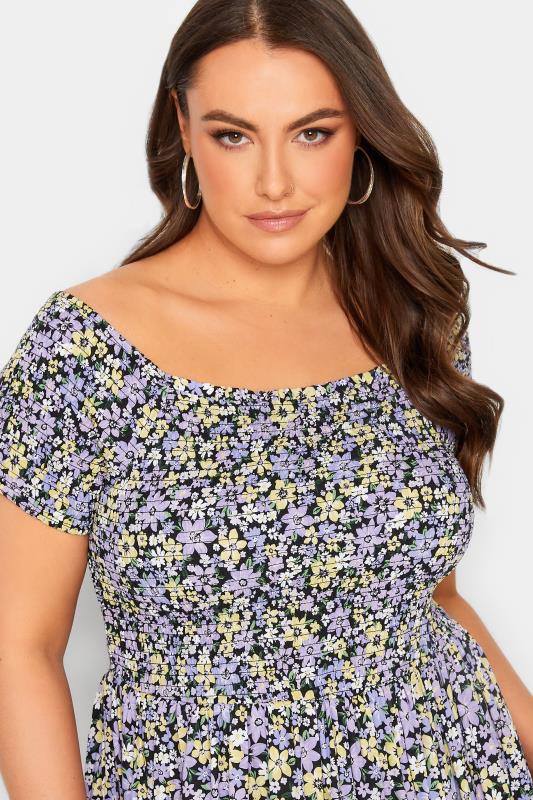 Plus Size Black & Purple Floral Shirred Bardot Maxi Dress | Yours Clothing 4