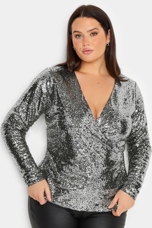 LTS Tall Women's Silver Sequin Embellished Wrap Top | Long Tall Sally 1