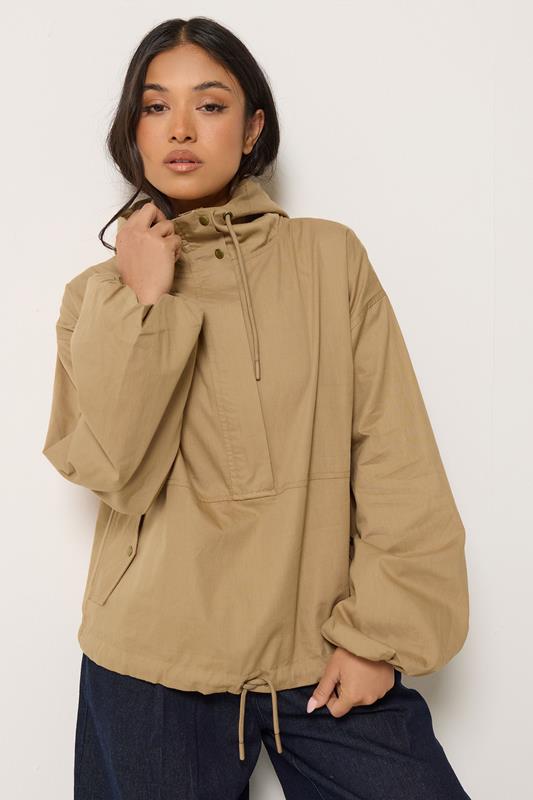 PixieGirl Petite Women's Stone Brown Half Zip Hooded Windbreaker Jacket | PixieGirl  1