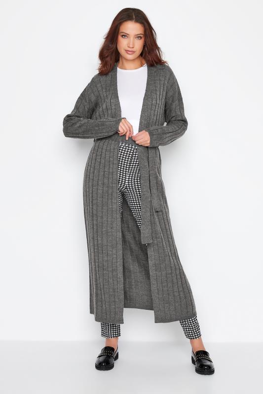  dla puszystych LTS Tall Grey Marl Belted Knitted Maxi Cardigan