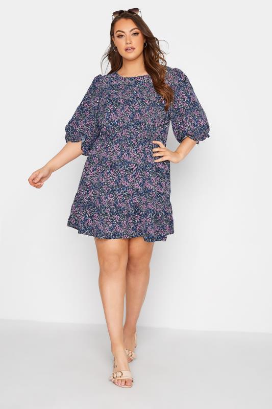 LIMITED COLLECTION Curve Black & Blue Ditsy Floral Dress 1