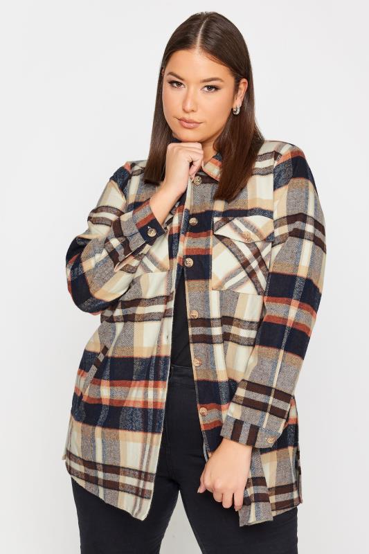 YOURS Plus Size Beige Brown Check Print Shacket | Yours Clothing 1