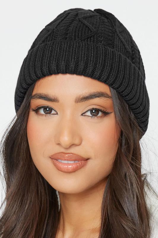 Plus Size Black Cable Knitted Beanie Hat | Yours Clothing 2