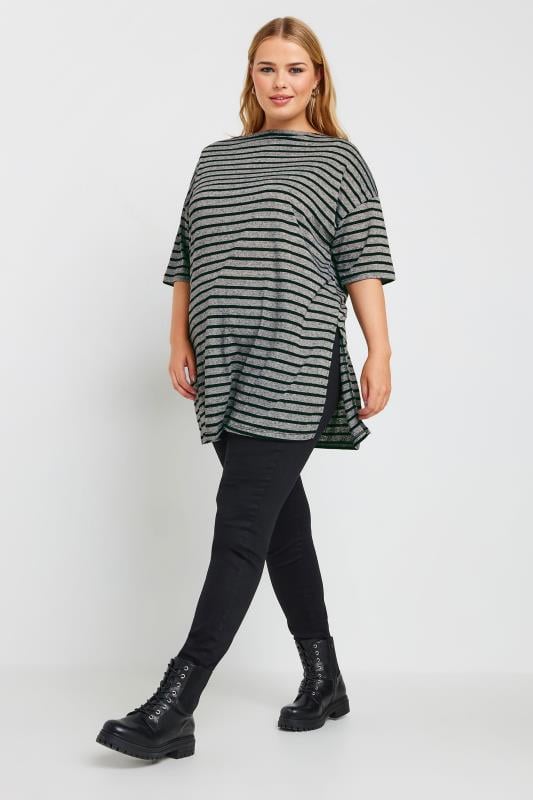 YOURS Plus Size Grey Stripe Oversized Linen T-Shirt | Yours Clothing 2