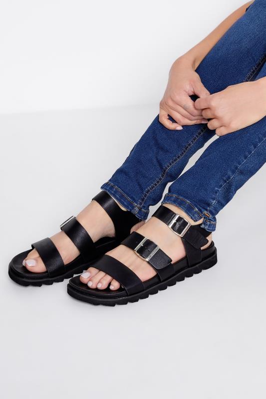 LTS Black Buckle Strap Sandals In Standard Fit | Long Tall Sally 1