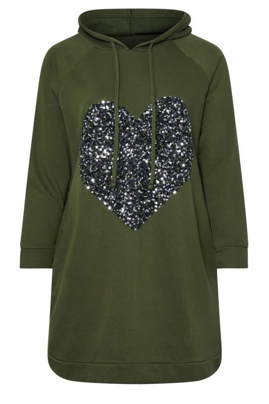 YOURS Plus Size Khaki Green Sequin Embellished Heart Hoodie Dress | Yours Clothing  5