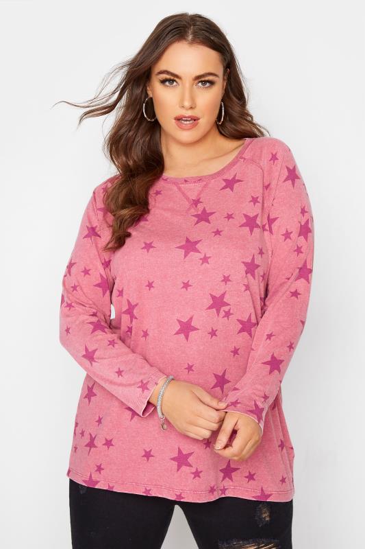 Plus Size Pink Star Print Raglan Top | Yours Clothing 1