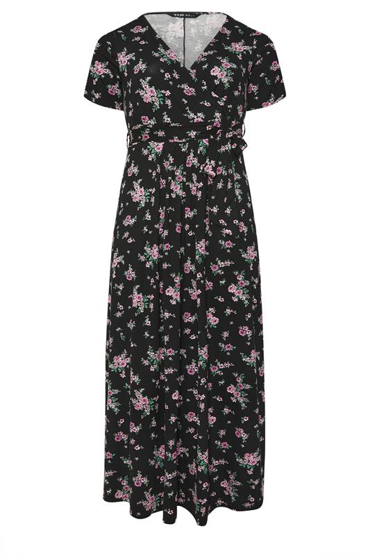 YOURS Plus Size Black & Pink Floral Wrap Front Dress | Yours Clothing 5