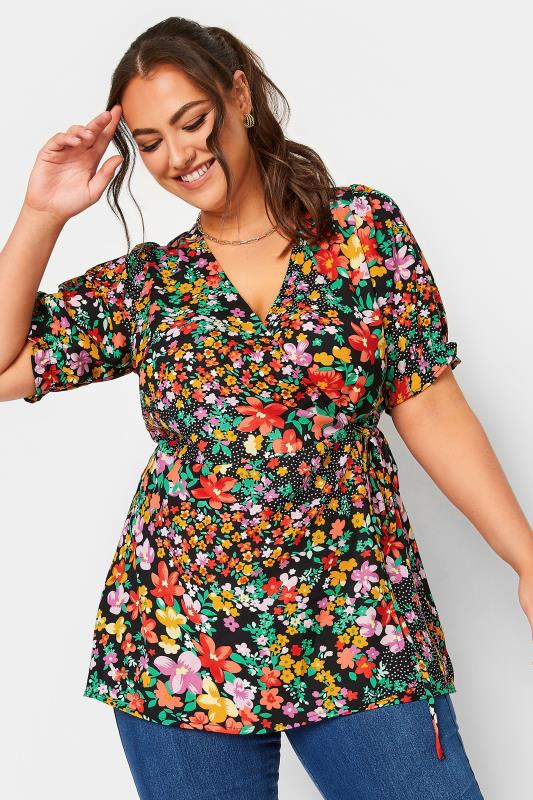 YOURS Plus Size Black Floral Patchwork Print Wrap Top | Yours Clothing 2