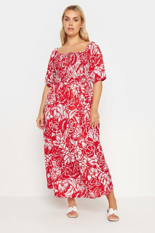YOURS Plus Size Red Abstract Floral Print Shirred Maxi Dress | Yours Clothing 2