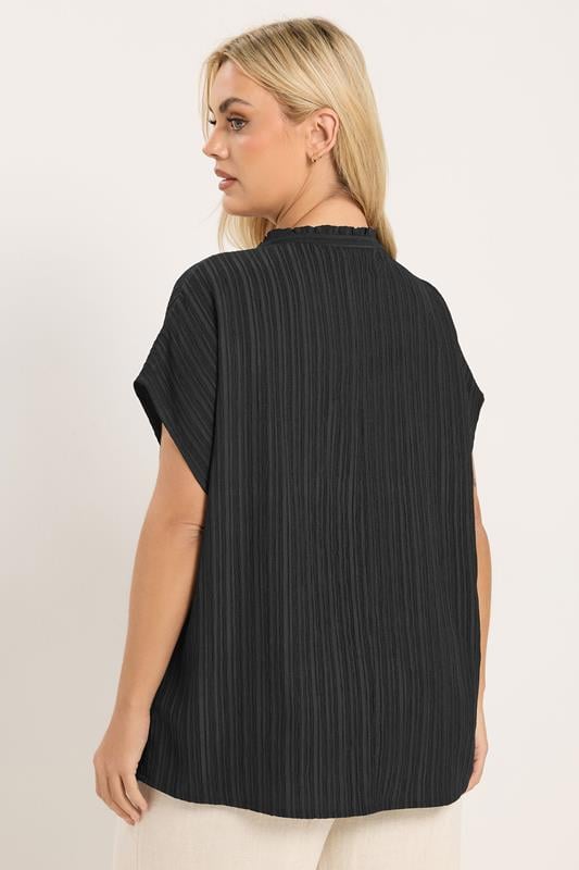 YOURS Plus Size Black Textured Frill Neck Top | Yours Clothing 2