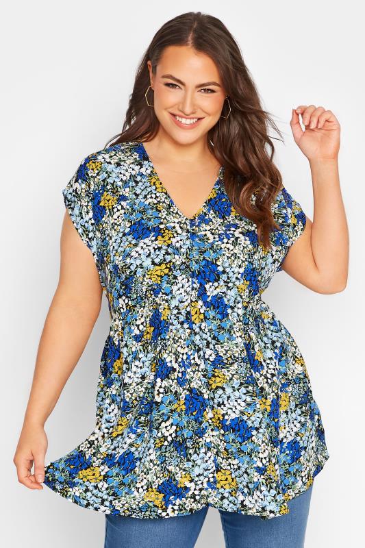 Plus Size  YOURS LONDON Curve Blue Ditsy Dipped Hem Top